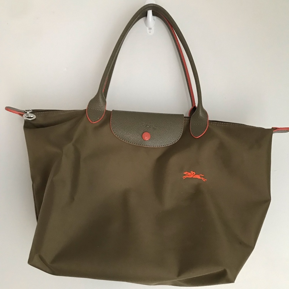Longchamp- Large  Olive green with Orange